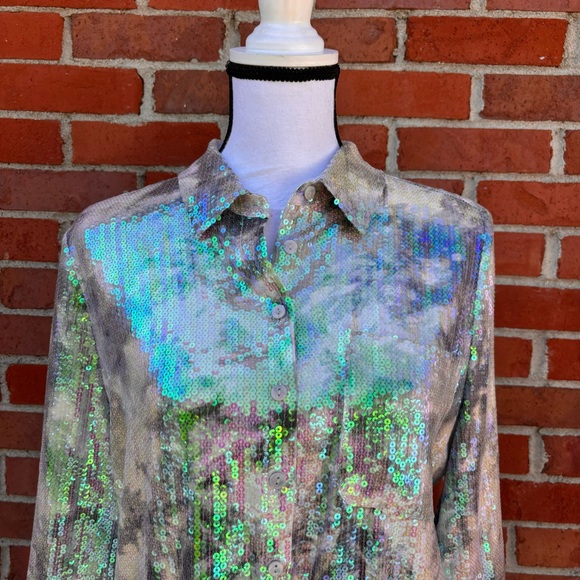 Cache Button Front Sequin White Grey Green Blue Shimmer Top Women's Small - Picture 3 of 7